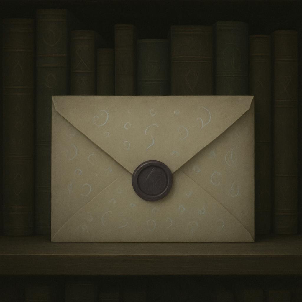 Ein Postbrief auf einem Regal in der Nähe von Büchern.