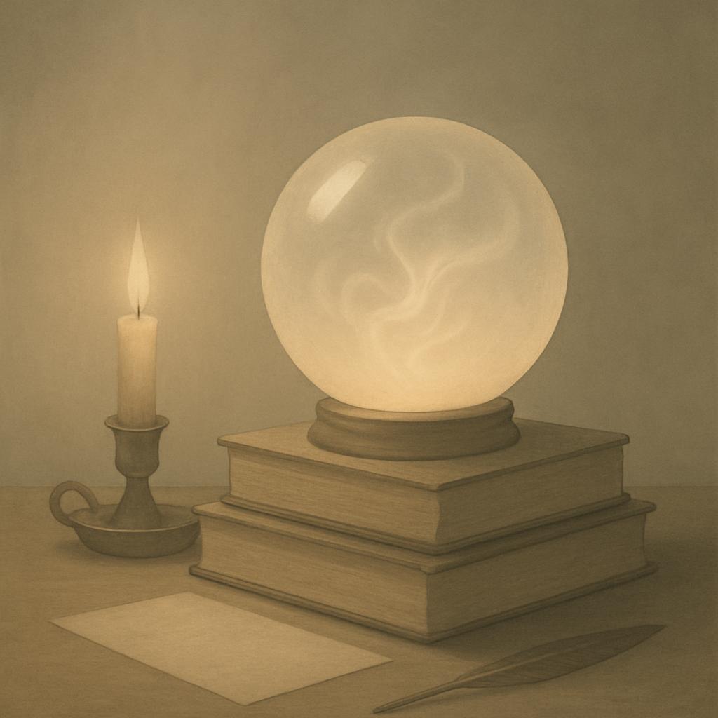 A sepia-toned still life painting of a crystal ball, a candle, and books. The composition is set against a plain backgroun...